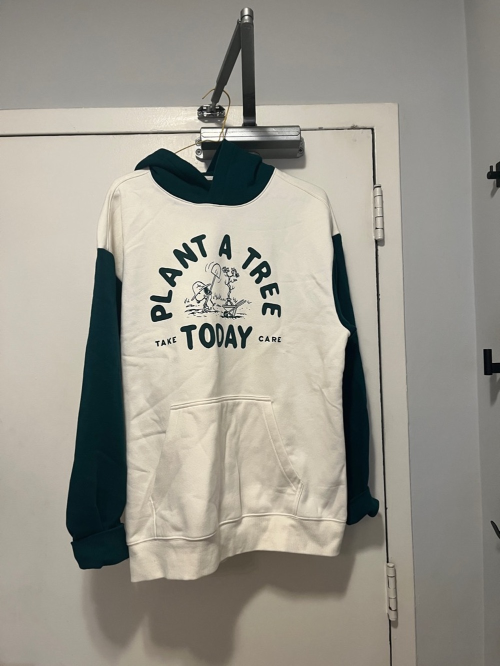 H&M White & Dark Green 'Plant A Tree Today' Contrast Hoodie